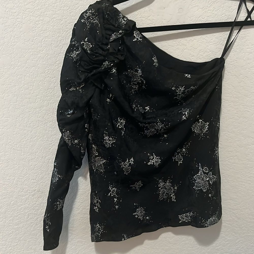 REBECCA TAYLOR One Shoulder 100% Silk Black and Silver Glitter Top, Size 2 - Picture 9 of 12